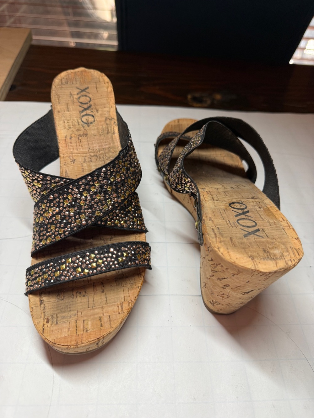 XOXO Black Rhinestone Cork Wedge Slide Sandals
